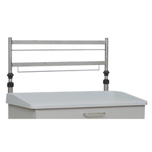 Die Novocal Euroschiene 2-fach, ein höhenverstellbares Metallgestell für die Rückwandmontage, wird über einem weißen Schrank mit Griff und erhöhtem Rand montiert.