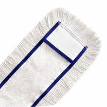 A close-up shows the Arcora Universal Bw-Mop Cover Binding Band Blue by Arcora International GmbH with a white, rectangular mop head, blue edge, and fringes, designed for professional cleaning on a white background.