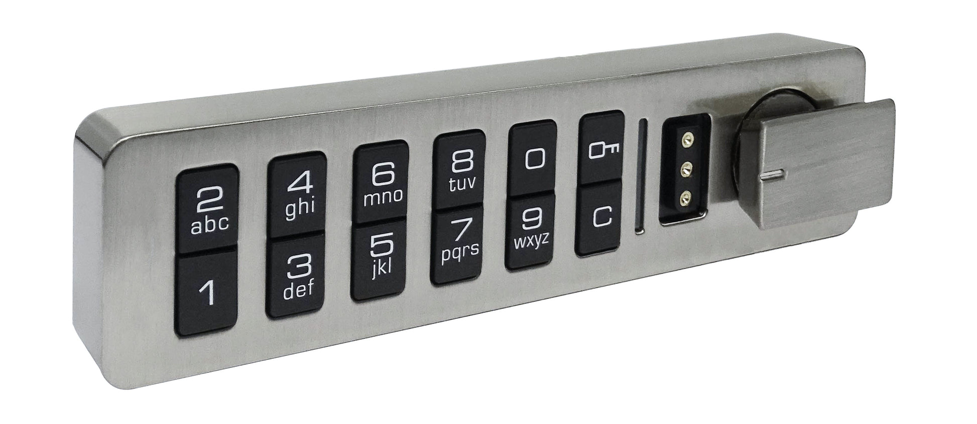 Das Novocal elektronische Zahlenschloss verfügt über ein horizontales Tastenfeld mit schwarzen Zifferntasten, Buchstaben, einer Einschalttaste und einem drehbaren Metallknopf auf der rechten Seite, die alle auf einer gebürsteten Metallplatte angebracht sind.