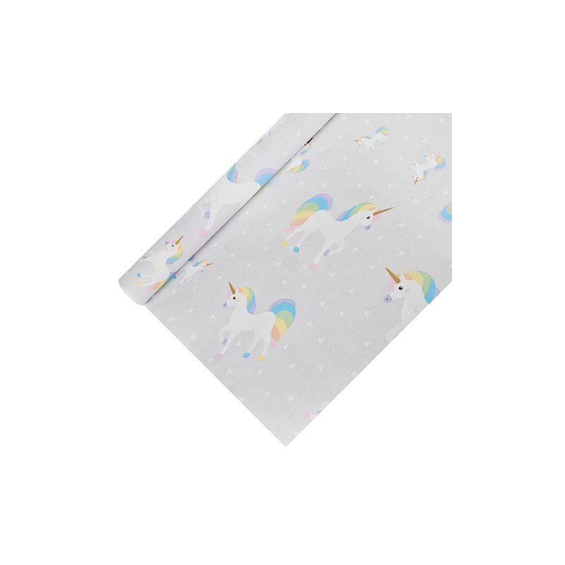Our light gray wrapping paper, inspired by the whimsical PAPSTAR tablecloth paper from PAPSTAR GmbH, features a charming pattern of unicorns with brightly rainbow-colored manes and tails, adorned with small white hearts. It is ideal for spreading a touch of magic while providing protection from dust.