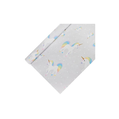 Our light gray wrapping paper, inspired by the whimsical PAPSTAR tablecloth paper from PAPSTAR GmbH, features a charming pattern of unicorns with brightly rainbow-colored manes and tails, adorned with small white hearts. It is ideal for spreading a touch of magic while providing protection from dust.