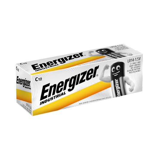 Eine Schachtel Energizer Alkaline Batterie, C/Baby, 1,5 V | Packung (12 Stück) von Energizer Deutschland GmbH. Die Verpackung in Weiß, Gelb und Grau zeigt deutlich das Energizer-Logo und eine Abbildung einer Batteriefigur. Die Schachtel enthält 12 C/Baby 1,5 V Energizer Alkaline-Batterien und sorgt für langanhaltende Energie für Ihre Geräte.