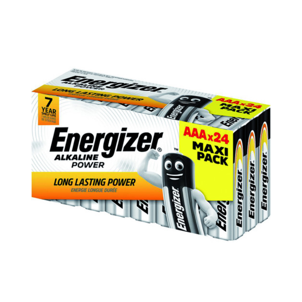 Abgebildet ist eine verpackte Schachtel Energizer Alkaline Power Micro AAA-Batterie Vorteilspack | Packung (24 Stück) von Energizer Deutschland GmbH. Die Schachtel zeigt auf der Vorderseite ein Bild mit dem Text „Energizer“, „Long Lasting Power“ und „Maxi Pack“. Auf der Verpackung steht außerdem „7 Jahre Haltbarkeit“ und es sind 24 langlebige Batterien enthalten.