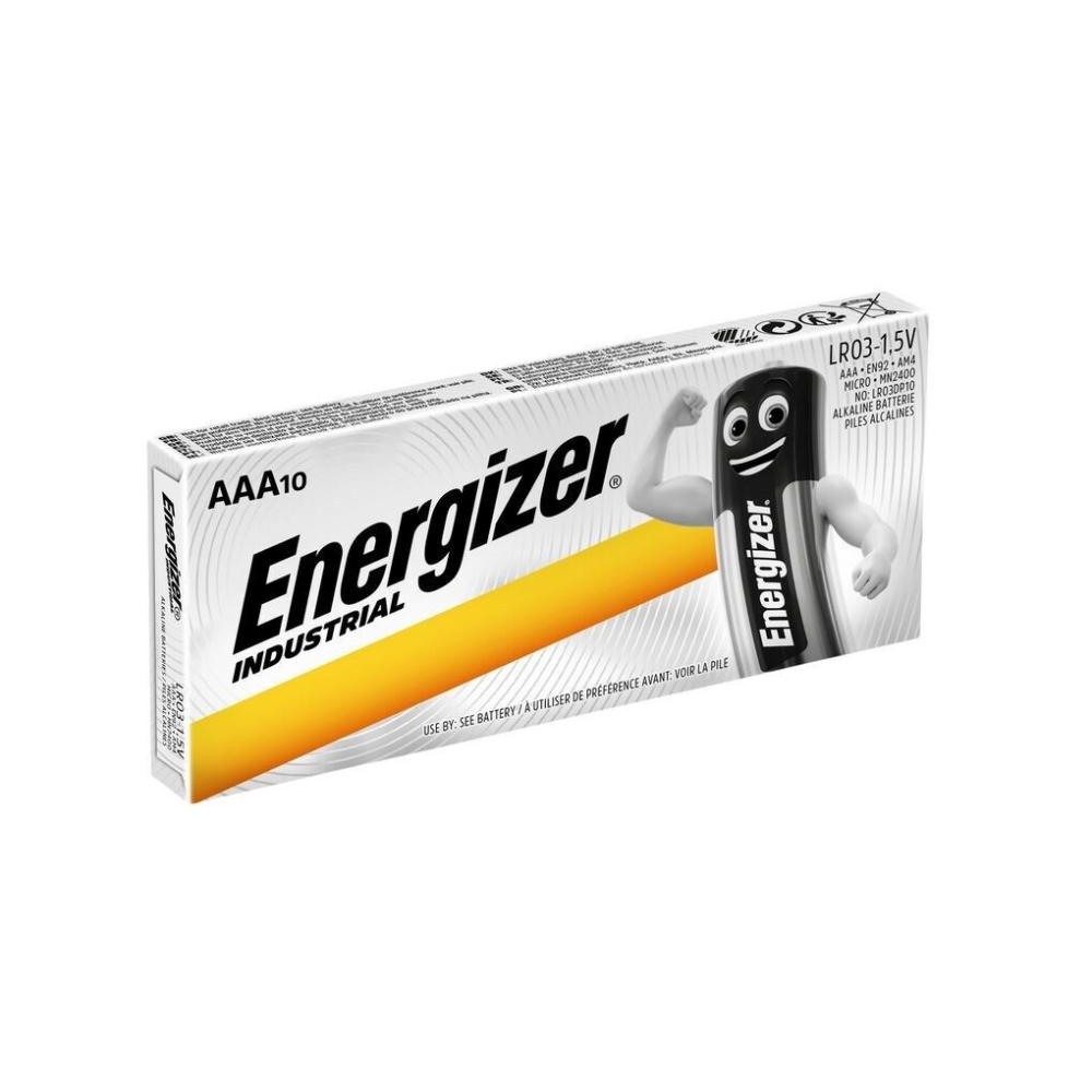 Abgebildet ist eine rechteckige Packung Energizer Industrial Alkaline EN92 LR03 AAA Micro | Packung (10 Stück) von Energizer Deutschland GmbH. Die weiße Schachtel mit gelben und schwarzen Akzenten enthält 10 Batterien. Auf der Vorderseite sind das Energizer-Logo und ein Bild einer Batteriefigur mit Armen zu sehen. Jede Batterie liefert 1,5 Volt Strom.