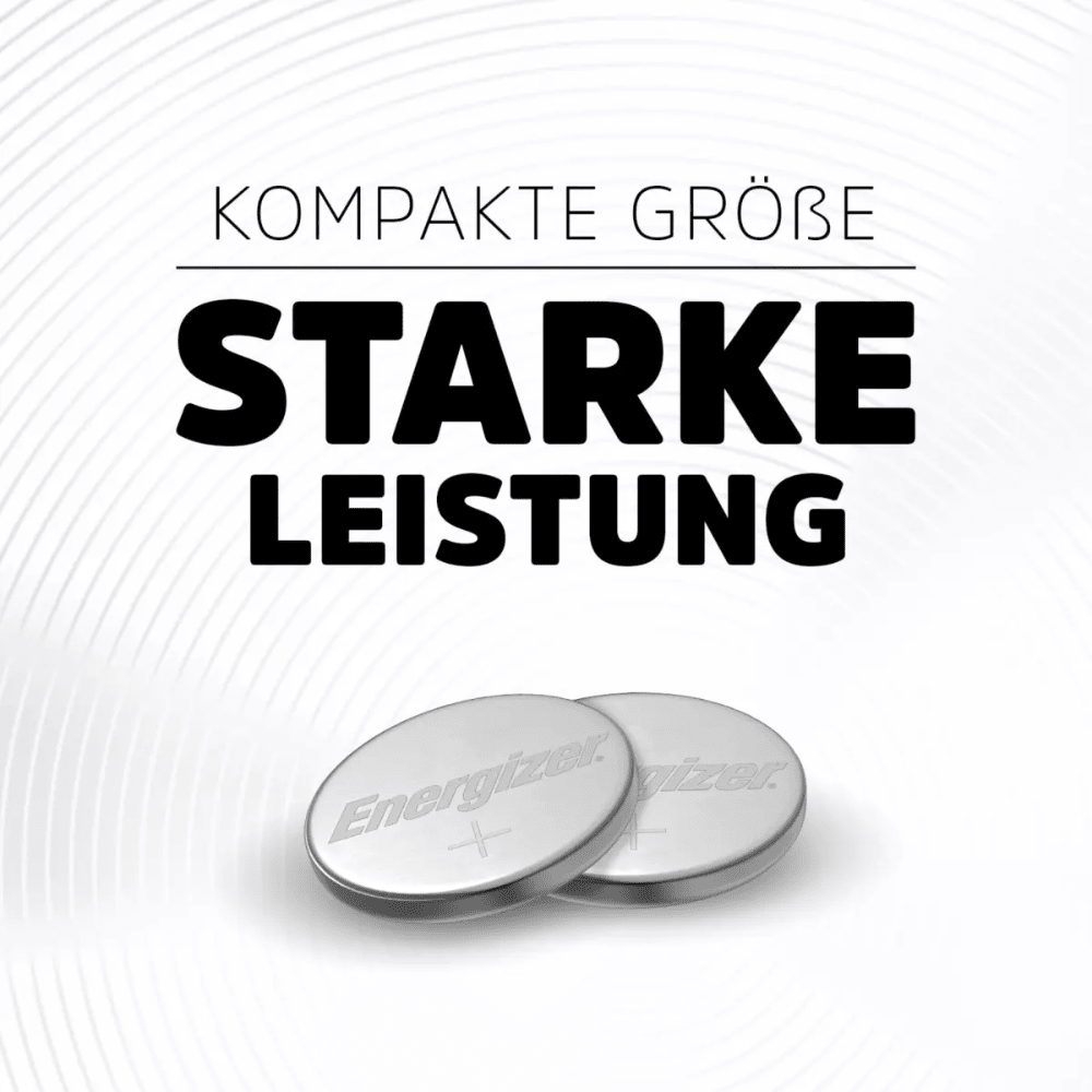 Two Energizer CR 2025 3V 163 mAh lithium button cells | packs (12 pieces) from Energizer Deutschland GmbH are displayed on a white background with circular waves. Above the batteries, the text “Compact size, powerful performance” appears in German.