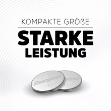 Two Energizer CR 2025 3V 163 mAh lithium button cells | packs (12 pieces) from Energizer Deutschland GmbH are displayed on a white background with circular waves. Above the batteries, the text “Compact size, powerful performance” appears in German.
