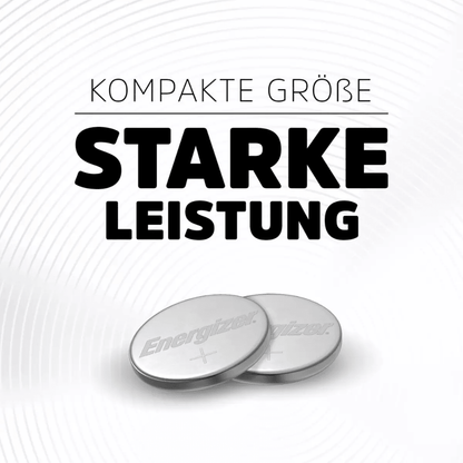 Two Energizer CR 2025 3V 163 mAh lithium button cells | packs (12 pieces) from Energizer Deutschland GmbH are displayed on a white background with circular waves. Above the batteries, the text “Compact size, powerful performance” appears in German.