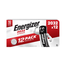 Image of a pack of 12 Energizer CR2032 lithium-manganese dioxide button-cell batteries from Energizer Deutschland GmbH. The packaging is predominantly white and red, with the Energizer logo in the upper left corner and a mascot on the right side. It indicates a shelf life of 10 years, with the text “2032 x 12” in the upper right corner—a truly long-lasting battery.