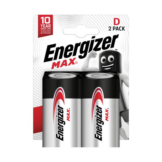 Das Bild zeigt eine Blisterpackung mit zwei Energizer Max Alkaline Batterien in der Größe D-Mono-LR20. Die Verpackung weist auf eine Haltbarkeit von 10 Jahren hin und enthält eine Figur mit einem lächelnden Batteriedesign. Die langlebige Energizer Max Alkaline Batterie D-Mono-LR20 | Packung (2 Stück) von Energizer Deutschland GmbH hat ein schwarz-silbernes Design mit roten Akzenten.