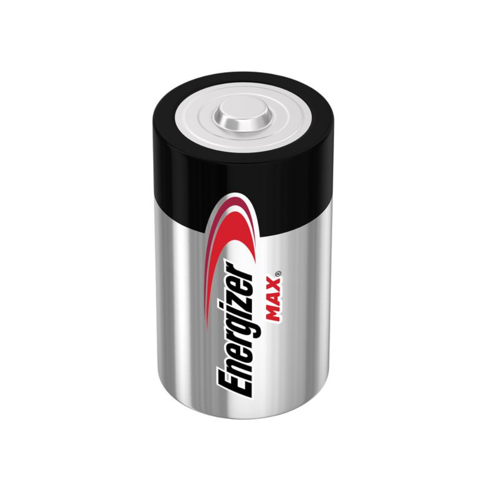 Eine zylindrische Energizer Max Alkaline Batterie D-Mono-LR20 | Packung (2 Stück) von Energizer Deutschland GmbH ist vor einem weißen Hintergrund abgebildet. Die Batterie hat ein silbernes Gehäuse, eine schwarze Oberseite und ein rotes Wellendesign in der Nähe der Oberseite. Der Markenname „Energizer“ und das Wort „Max“ sind auf der Seite aufgedruckt.