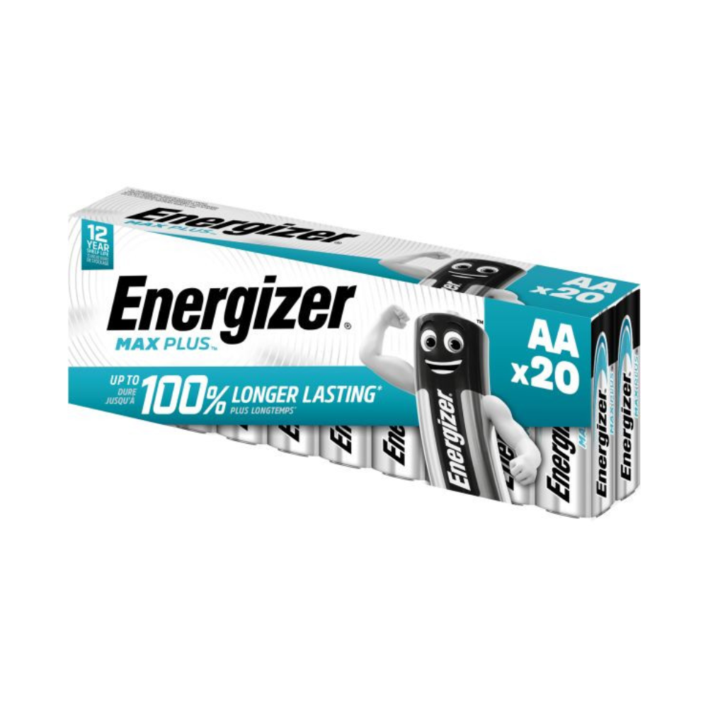 Abgebildet ist eine 20er-Packung Energizer Max Plus Mignon AA-Batterien von Energizer Deutschland GmbH. Die Verpackung wirbt mit einer „100 % längeren Lebensdauer“ und einer Haltbarkeit von 12 Jahren. Der Markenname „Energizer Max Plus“ ist prominent abgebildet, zusammen mit dem Bild einer Batteriefigur mit Armen, was die lange Laufzeit und Zuverlässigkeit der Batterie unterstreicht.