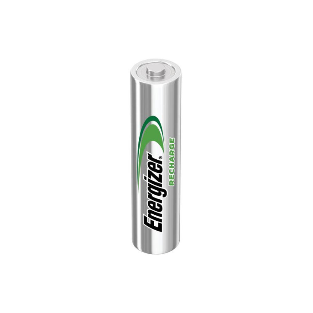 Eine einzelne silberfarbene wiederaufladbare Energizer Power Plus AAA Micro LR03 700 mAh | Packung (10 Stück)-Batterie von Energizer Deutschland GmbH steht aufrecht vor einem schlichten weißen Hintergrund. Der Markenname „Energizer Deutschland GmbH“ und das Wort „Recharge“ sind in schwarzer und grüner Schrift auf der 700 mAh-Batterie aufgedruckt.