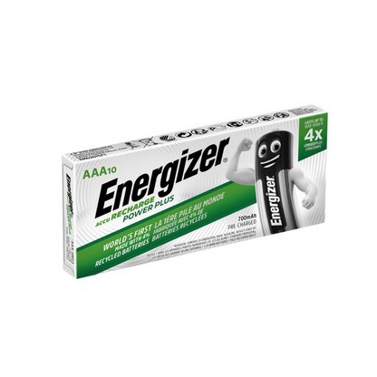 A box of Energizer Power Plus AAA Micro LR03 700 mAh | Pack (10 pieces) by Energizer Deutschland GmbH with ten batteries. The packaging emphasizes the use of recycled batteries, 4x longer-lasting charge, 700 mAh capacity, and features a battery figure with arms.