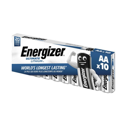 Eine Packung Energizer Ultimate Lithium Mignon FR6 L91 AA-Batterien von Energizer Deutschland GmbH, perfekt für Hightech-Anwendungen. Auf der Verpackung wird behauptet, dies seien die langlebigsten Batterien der Welt und es sind 10 AA-Batterien enthalten. Auf der Schachtel ist eine Figur in Form einer Batterie abgebildet, die ihren Arm spannt, mit Text in Englisch und Französisch.