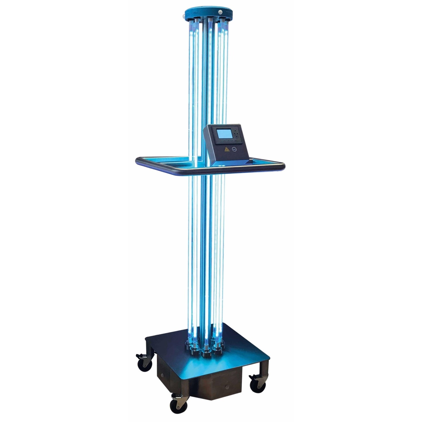 The Novocal Mobile 360°-Sterilization Device with UV-C Technology sterilizes surfaces and disinfects air in healthcare or public spaces; it features vertical UV-C lamps, a control panel, four swivel casters, and a sensor range of 4.2 meters.