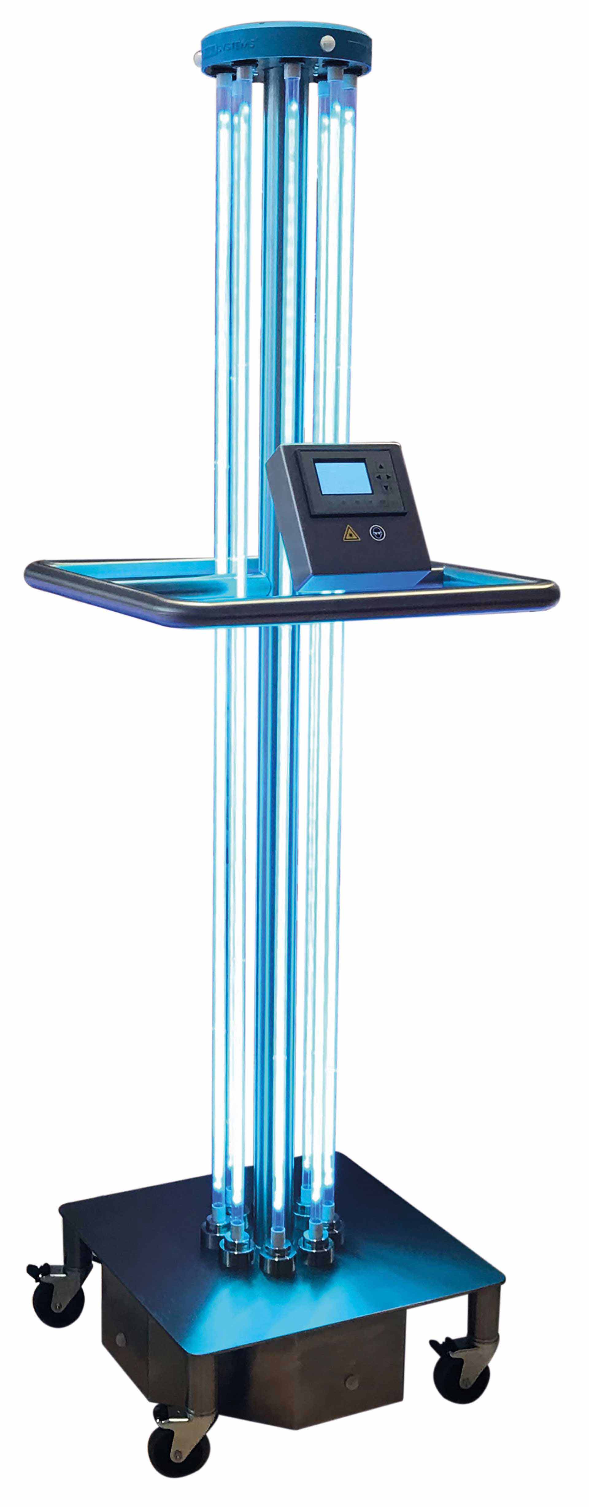 Das Novocal Mobiles 360°-Entkeimungsgerät mit UV-C-Technologie sterilisiert Oberflächen und desinfiziert Luft im Gesundheitswesen oder in öffentlichen Räumen; es verfügt über vertikale UV-C-Lampen, ein Bedienfeld, vier Lenkrollen und eine Sensorreichweite von 4,2 Metern.