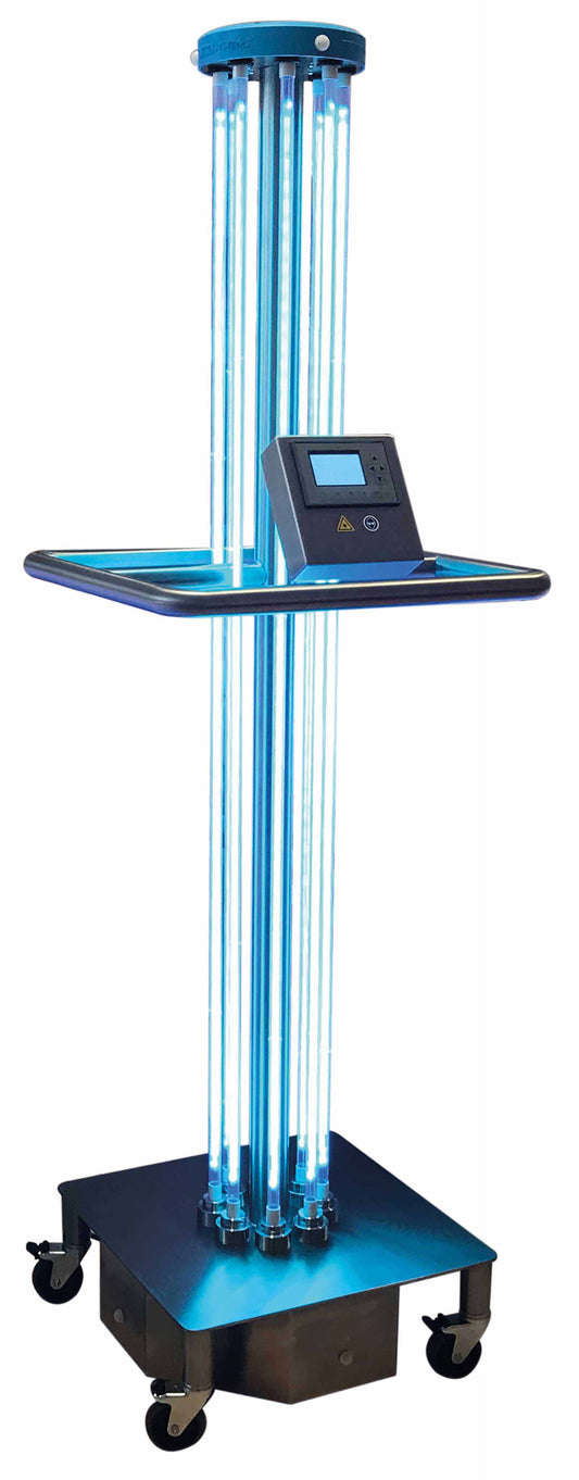 Das Novocal Mobiles 360°-Entkeimungsgerät mit UV-C-Technologie sterilisiert Oberflächen und desinfiziert Luft im Gesundheitswesen oder in öffentlichen Räumen; es verfügt über vertikale UV-C-Lampen, ein Bedienfeld, vier Lenkrollen und eine Sensorreichweite von 4,2 Metern.