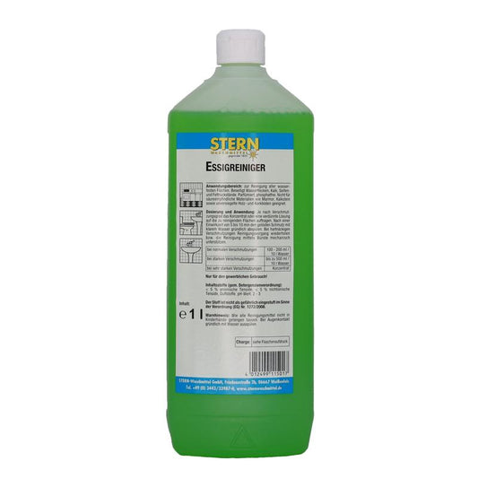 Eine 1-Liter-Flasche STERN Essigreiniger der Stern Waschmittel GmbH enthält grüne Flüssigkeit und trägt ein weiß-gelbes deutsches Etikett mit einer Anleitung zum Entfernen von Kalkablagerungen.