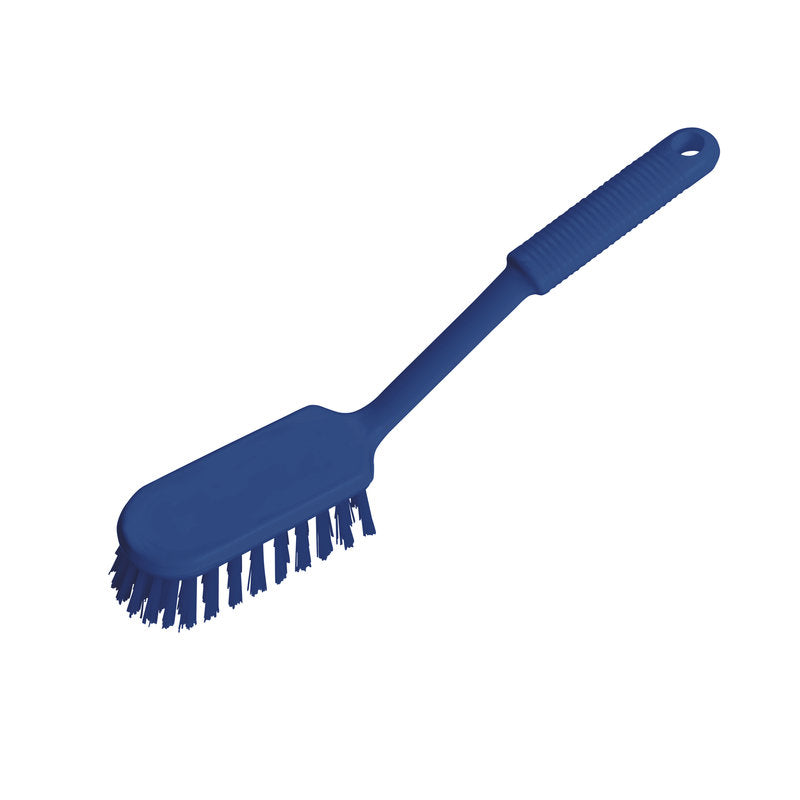 Die blaue Haug Stielscheuerbürste PBT weich mit langem Griff von Haug Bürsten KG hat weiche Borsten, einen strukturierten, länglichen Griff mit Aufhängeloch und ist ideal für die hygienische Reinigung. Abgebildet auf einfarbig weißem Hintergrund.