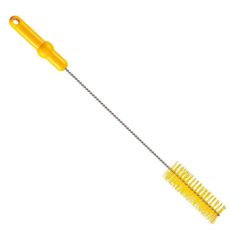 Die Haug Bürsten KG Rohrbürste mit V2A Edelstahldraht PBT Mittel 500 x ø40 mm in gelb hat einen gedrehten Metallgriff, einen gelben Kunststoffgriff und Borsten zur hygienischen Rohrreinigung auf weißem Grund.