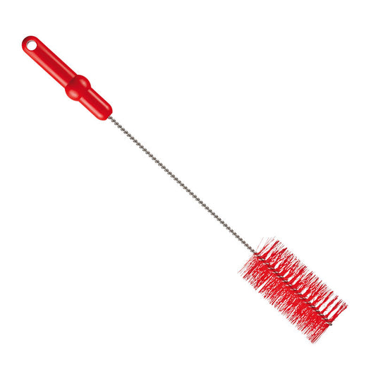 Eine Haug Bürsten KG Rohrbürste PBT Mittel 500 x ø60 mm in rot mit steifen Borsten und einem langen, dünnen Metallstiel, ideal für die Rohrreinigung, abgebildet auf weißem Hintergrund.