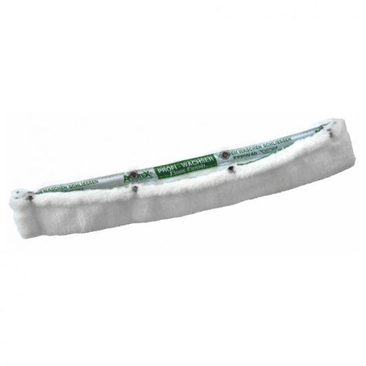 Der Arcora Floor-Finish Profi-Wachser Bezug Weiss Aus Microfaser 40 cm von Arcora International GmbH ist ein weißer, rechteckiger Microfaserbezug mit grünem Etikett, ideal für die professionelle Bodenpflege. Abgebildet ist eine 100er-Packung auf einfarbig weißem Hintergrund.
