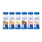 Six bottles of Fresubin Energy Drink mixed carton 200 ml from Fresenius Kabi Deutschland GmbH are lined up, each with a blue cap and label. The package contains a mix of flavors such as cappuccino, vanilla, and chocolate.