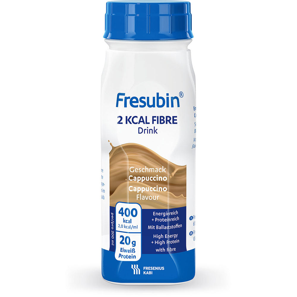 200 ml white plastic bottle Fresubin 2 kcal Fibre Drink from Fresenius Kabi Deutschland GmbH, flavor Cappuccino, with blue cap/label. The label states 400 kcal, 20 g protein, high energy and high fiber content.