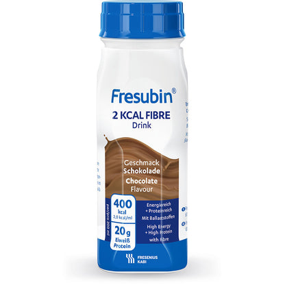 A 200 ml bottle of Fresubin 2 kcal Fibre Drink from Fresenius Kabi Deutschland GmbH, flavor Chocolate, provides 400 kcal and 20 g protein per serving. The label is predominantly white and blue with brown accents.