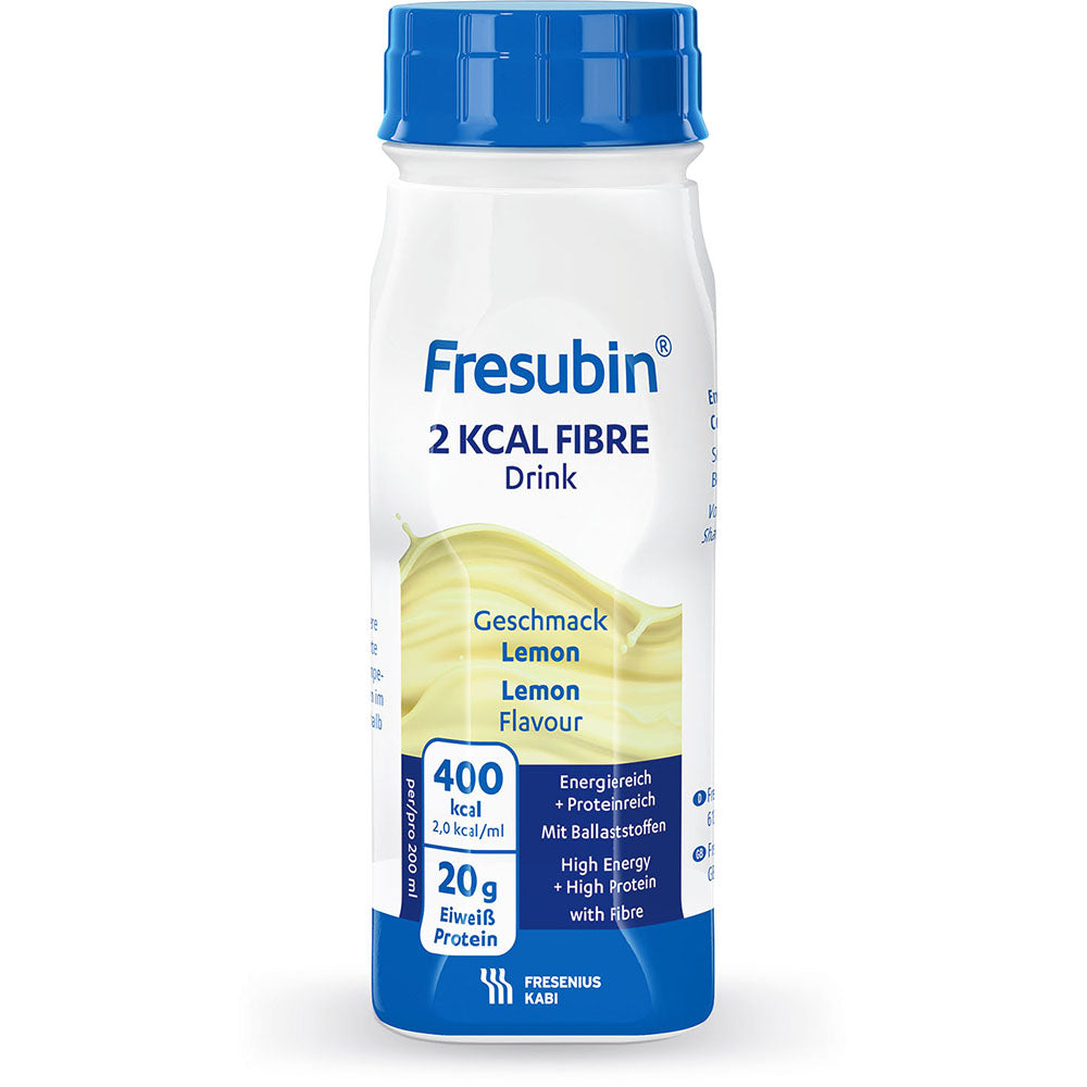 Fresubin 2 kcal Fibre Drink 200 ml from Fresenius Kabi Deutschland GmbH, in the flavor Lemon, provides 400 kcal and 20 g protein per bottle, with high energy and fiber content. The packaging is white with blue and yellow accents.