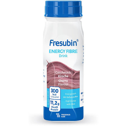 A 200 ml Fresubin Energy Fibre Drink bottle (Fresenius Kabi Deutschland GmbH), cherry flavor, provides 300 kcal, 11.2 g protein, and is energy-rich with fiber. The bottle is white with blue and purple accents.