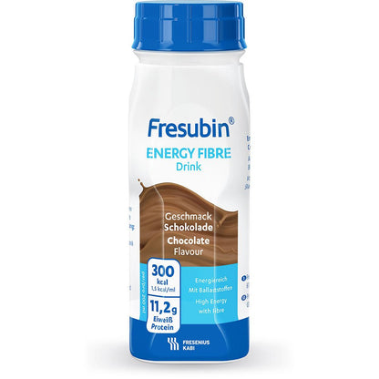 On a 200 ml Fresubin Energy Fibre Drink bottle from Fresenius Kabi Deutschland GmbH with chocolate flavor, the label states 300 kcal and 11.2 g protein; the bottle is white with blue and brown accents.
