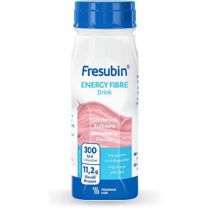 A 200 ml Fresubin Energy Fibre Drink bottle from Fresenius Kabi Deutschland GmbH with added fiber provides 300 kcal and 11.2 g protein. The bottle has a strawberry flavor, a blue cap, and a white label with blue and pink lettering.