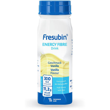 A 200 ml Fresubin Energy Fibre Drink bottle from Fresenius Kabi Deutschland GmbH, vanilla flavor, is labeled in blue and white and contains nutritional information: 300 kcal, 11.2 g protein, and high energy and fiber content.