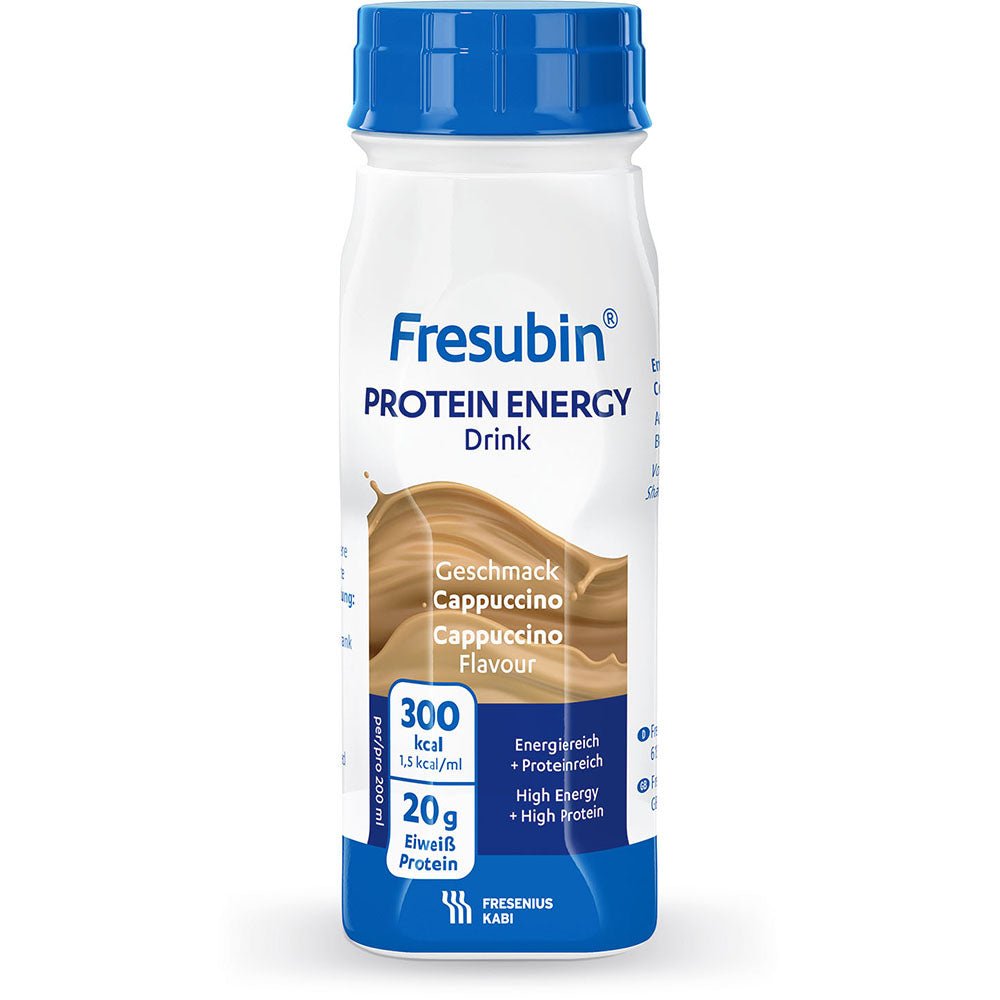 A white plastic bottle of Fresubin Protein Energy Drink 200 ml (Fresenius Kabi Deutschland GmbH) in cappuccino flavor with a blue-brown label featuring multilingual text provides 300 kcal and 20 g of protein per bottle.