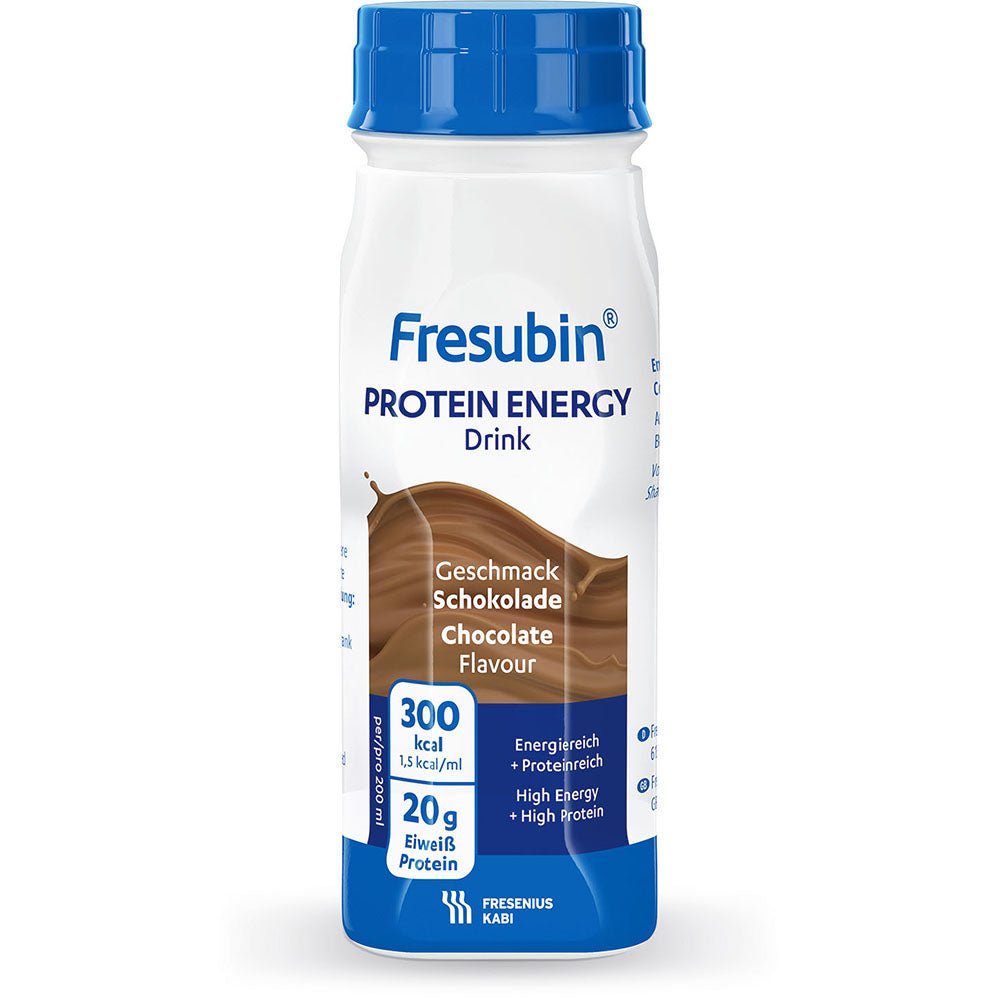A 200 ml Fresubin Protein Energy Drink from Fresenius Kabi Deutschland GmbH in chocolate flavor provides 300 kcal and 20 g of protein per serving. The mostly white bottle is accented with blue highlights and a brown Swirl graphic.