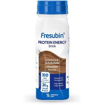 A 200 ml Fresubin Protein Energy Drink from Fresenius Kabi Deutschland GmbH in chocolate flavor provides 300 kcal and 20 g of protein per serving. The mostly white bottle is accented with blue highlights and a brown Swirl graphic.