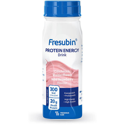 A 200 ml plastic bottle of Fresubin Protein Energy Drink in wild strawberry flavor from Fresenius Kabi Deutschland GmbH, with a white-pink label indicating 300 kcal and 20 g of protein per serving.