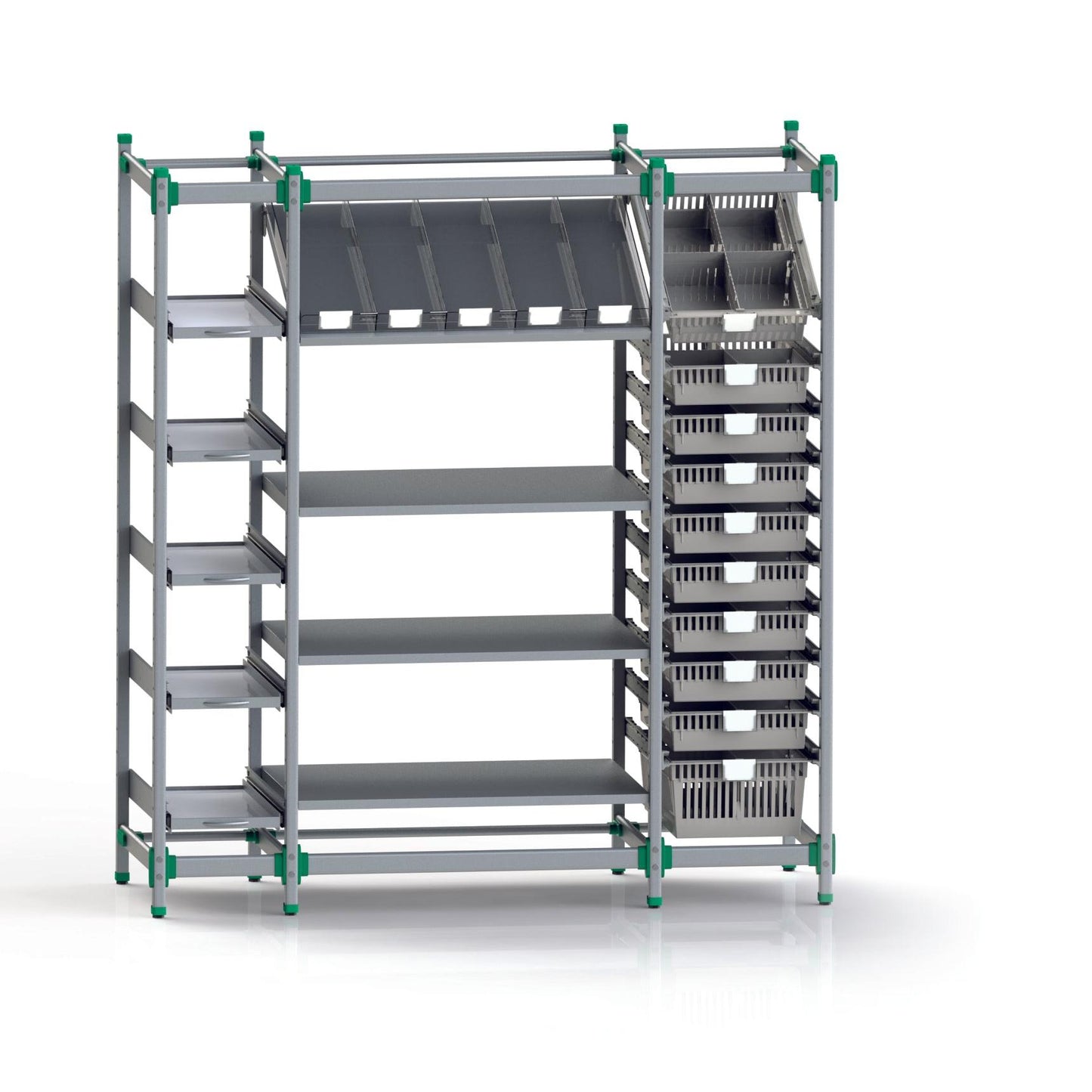 The Novocal FlexiStore shelving system is a shelf made of anodized aluminum with green corner accents, featuring multiple shelves, an angled partition, and storage containers stacked on the right. Includes 1 base shelf 400 x 600.