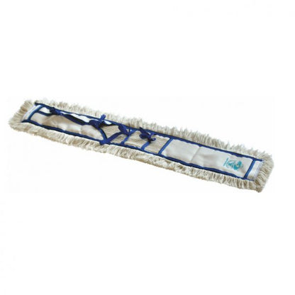 A rectangular, white Arcora FEUCHTWISCHMOPP from Arcora International GmbH made of microfiber with beige fringe edges, blue fabric trim, and pockets is depicted flat on a white background.