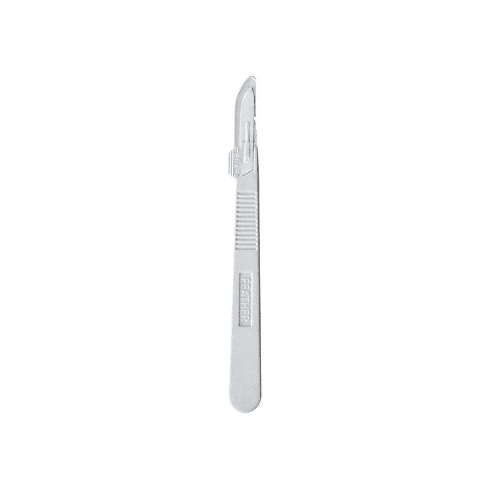 Against a plain white background, a Feather disposable scalpel from Servoprax GmbH is depicted with a straight, textured handle and a small, curved blade made of stainless steel.