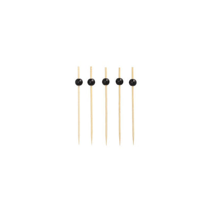 Five PAPSTAR finger food skewers, each with a diameter of 12 cm and black ball heads made of bamboo, are evenly arranged on a white background. The bamboo skewers from PAPSTAR GmbH perfectly combine functionality and elegance, making them ideal for any finger food presentation.