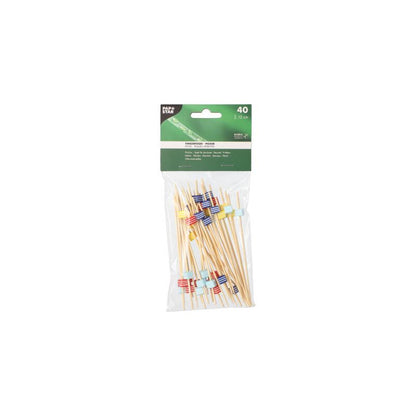A pack of 40 cocktail skewers from PAPSTAR finger food, ideal for finger food skewers, presents colorful flag decorations made of plastic on a white background. The transparent packaging is adorned with a striking green-white label from PAPSTAR GmbH and adds sustainable charm to your next event.