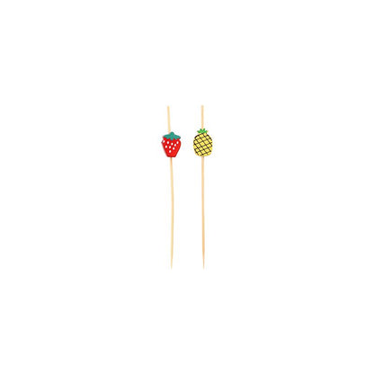 The PAPSTAR finger food picker set from PAPSTAR GmbH includes 40 pretty bamboo skewers, each 12 cm long. The skewers are decorated with beautiful fruit motifs: one skewer shows a red strawberry with bright green leaves, while the other shows a yellow pineapple with lush green. These eco-friendly skewers are ideal for presenting finger food and are elegantly presented against a simple white background.