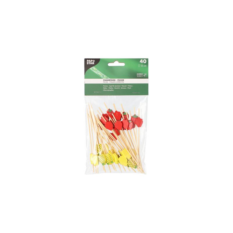 The 40 PAPSTAR finger food skewers, each 12 cm long and with decorative red and yellow fruit motifs, are ideal for serving finger food. The sustainable disposable products are delivered in a transparent plastic bag with a green-white label from PAPSTAR GmbH and add a playful touch to any gathering.