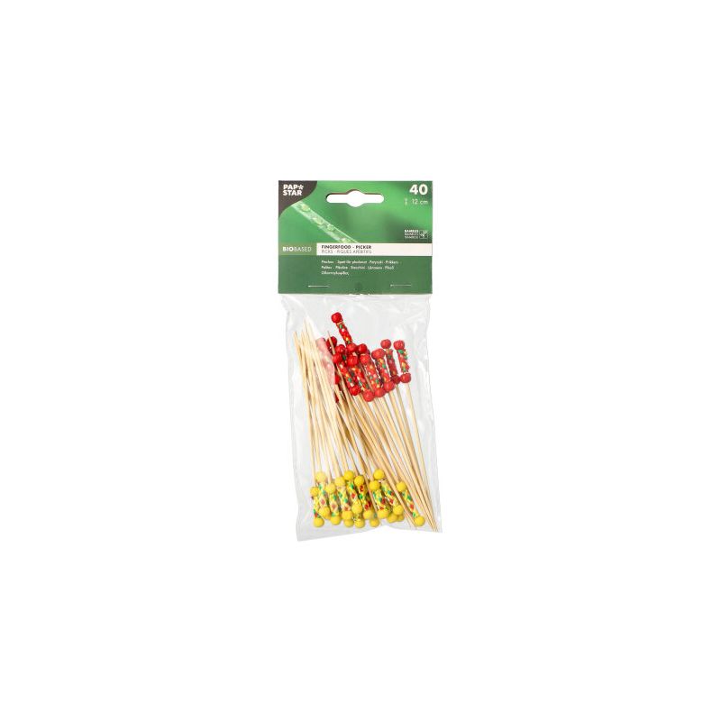 A pack of PAPSTAR finger food pickers 12 cm with 40 pieces contains decorative skewers from PAPSTAR GmbH with striking red-yellow ornaments. These sustainable disposable products are ideal for serving appetizers or cocktails at any event.
