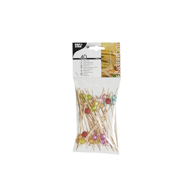 In a transparent plastic bag from PAPSTAR GmbH, there are 40 decorative skewers, ideal for finger food skewers. Equipped with colorful, round tips, these skewers make serving easier and are labeled with "PAPSTAR", emphasizing the focus on sustainable disposable products.
