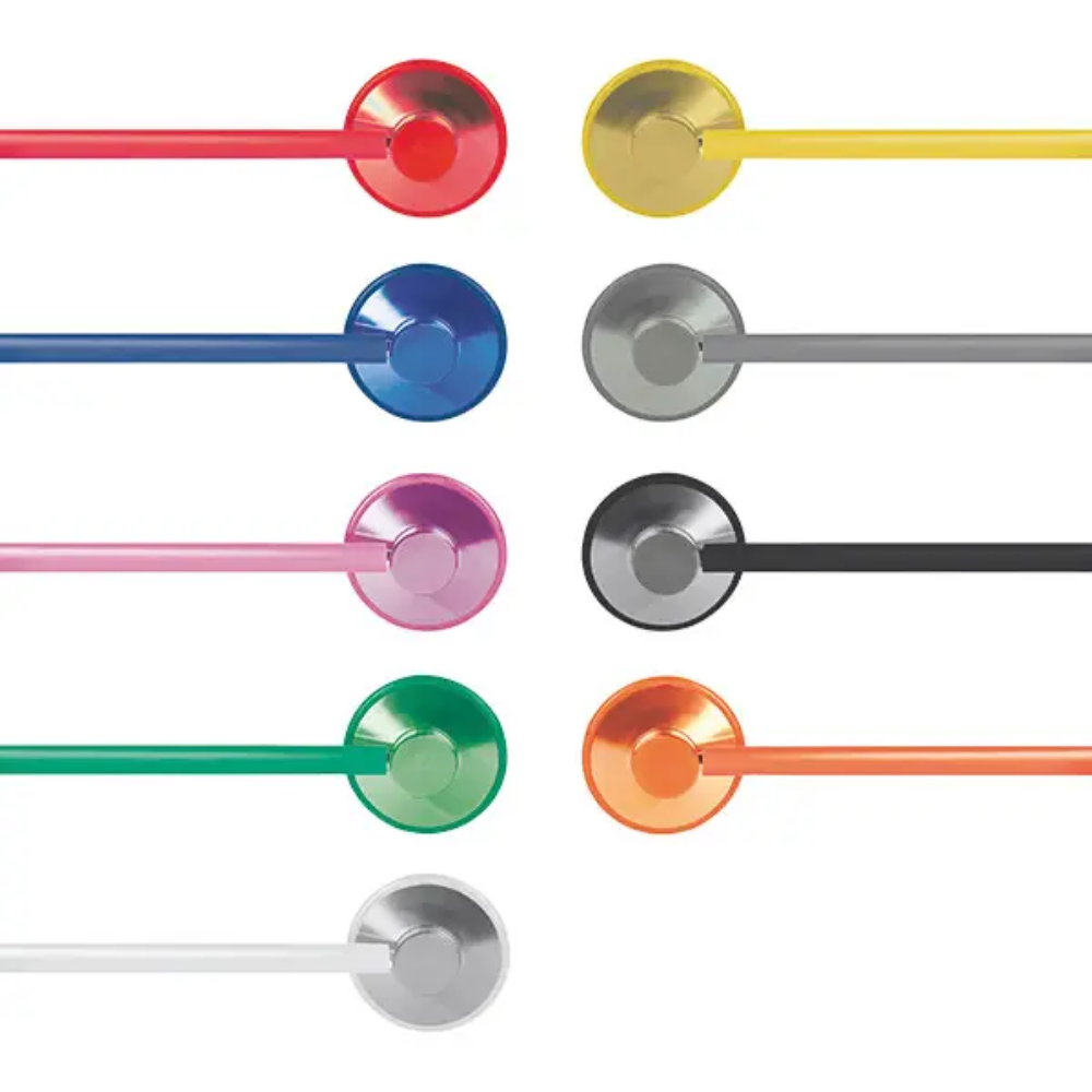 Nine colorful cables with round plugs, free of latex and nickel, are arranged in two columns on a white background. The colors – red, yellow, blue, gray, pink, black, green, orange, and white – are as striking as the paint of a flathead stethoscope Model Sister from Servoprax GmbH.