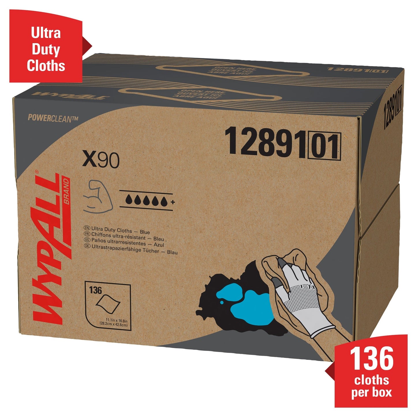 A blue BRAG™ Box with WypAll® X90 PowerClean Ultra Duty Cloths from Kimberly-Clark GmbH, product number 12891, contains 136 sheets per box. The packaging features a hand wiper and the label 'Blue - 1 Brag Box x 136 Sheets.'