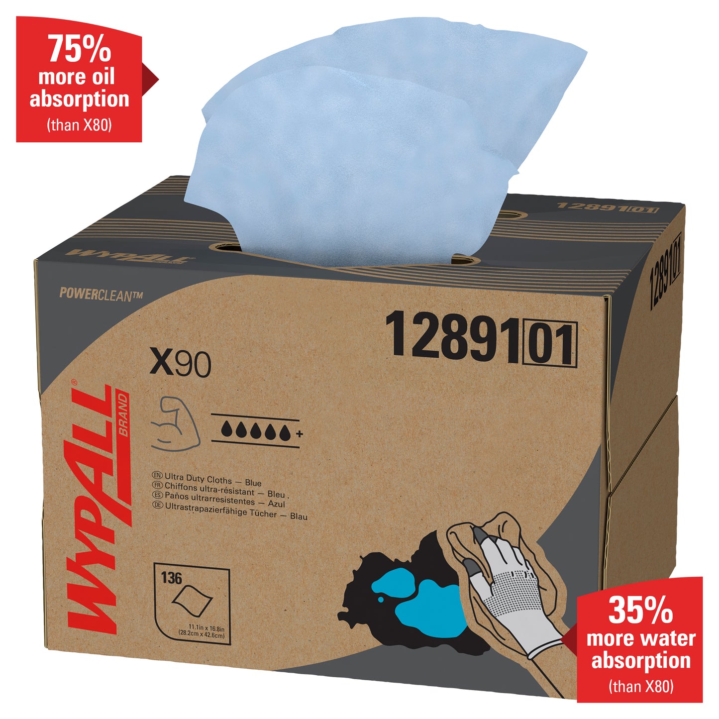 The WypAll® X90 PowerClean - BRAG™ Box/Blue (1 Box x 136 sheets) from Kimberly-Clark GmbH absorbs 75% more oil and 35% more water than X80 - your top solution for heavy-duty cleaning.